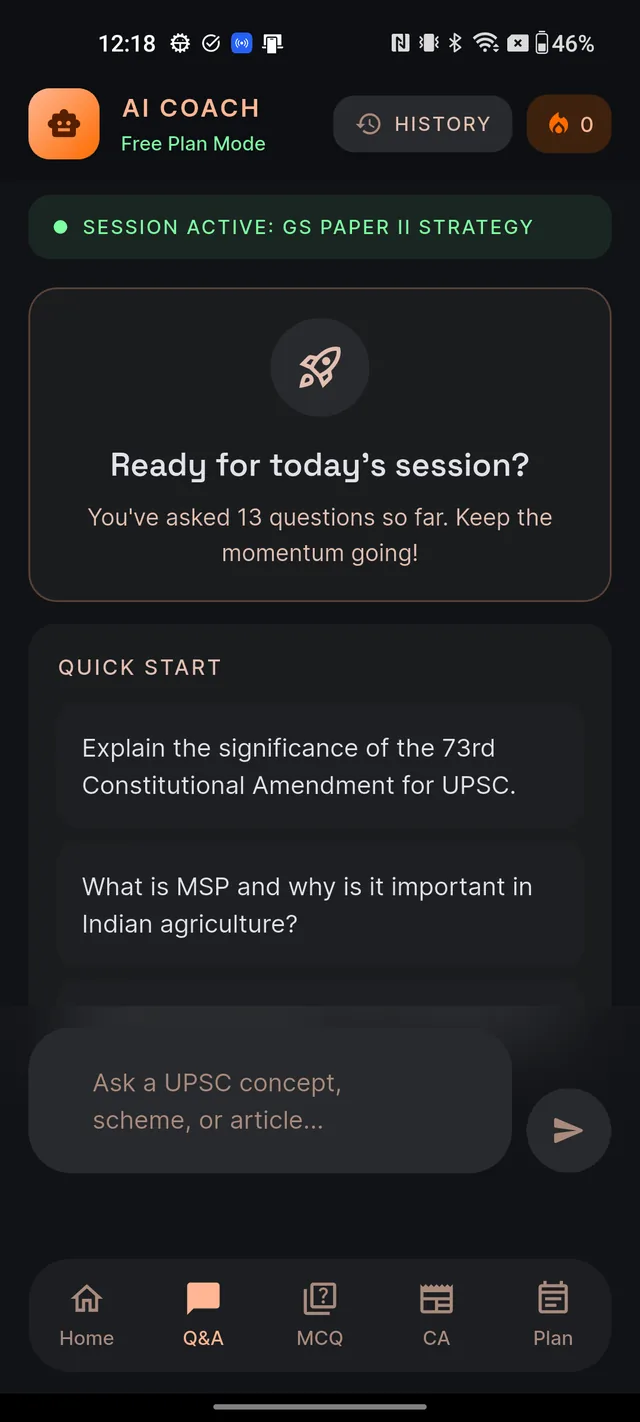 The Q&A chat screen before a question is asked, showing the AI COACH header, tappable sample questions, and the input field at the bottom