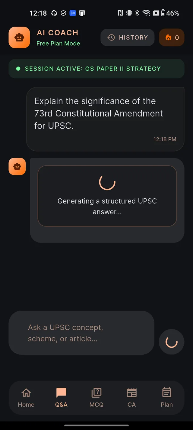 A sent question bubble with the loading message Generating a structured UPSC answer below it