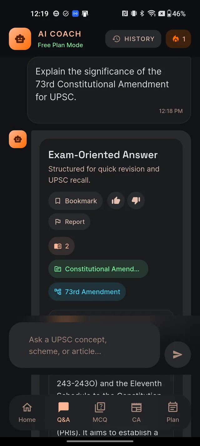 The answer card titled Exam-Oriented Answer with action chips and topic tags at the top