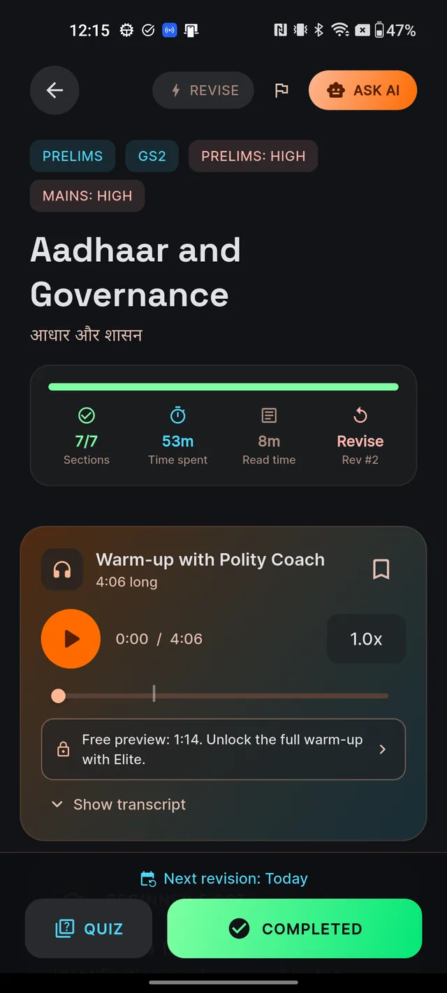 The audio warm-up card on a study note showing the play button, time readout, speed pill, seek slider and the free preview banner