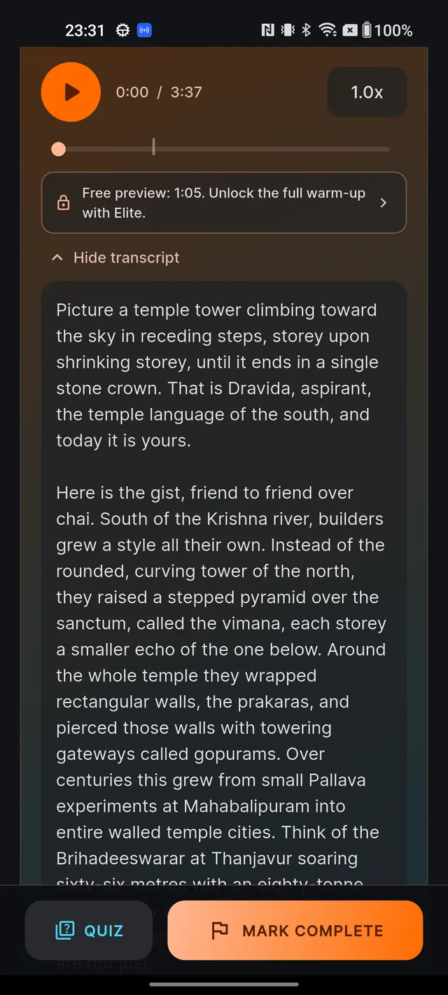 The transcript expanded under the player, showing the opening words and the full transcript unlocked with Elite line