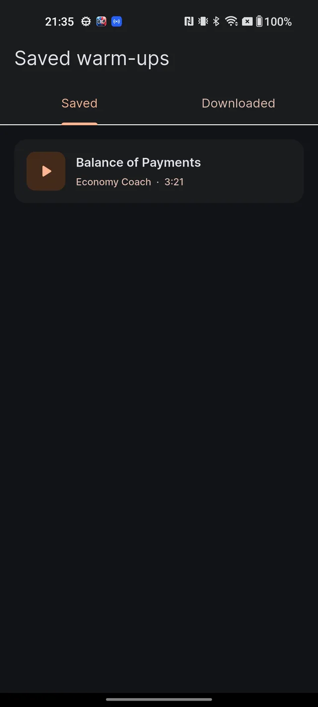 The Saved warm-ups screen on the Saved tab listing bookmarked warm-ups with voice labels and durations