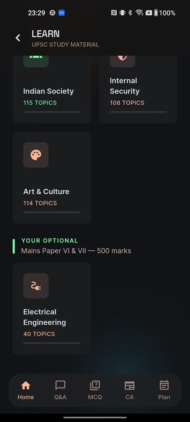 The LEARN screen showing the GENERAL STUDIES grid of subject cards with topic counts and progress bars, and the YOUR OPTIONAL section below