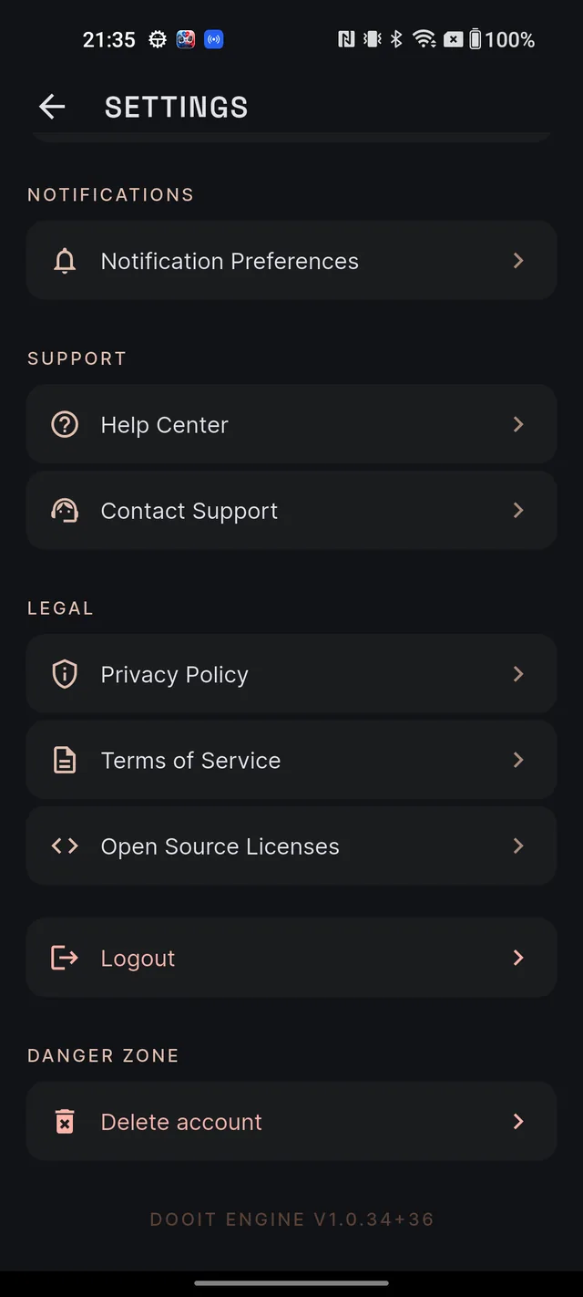The Settings screen scrolled to the SUPPORT section showing Help Center and Contact Support