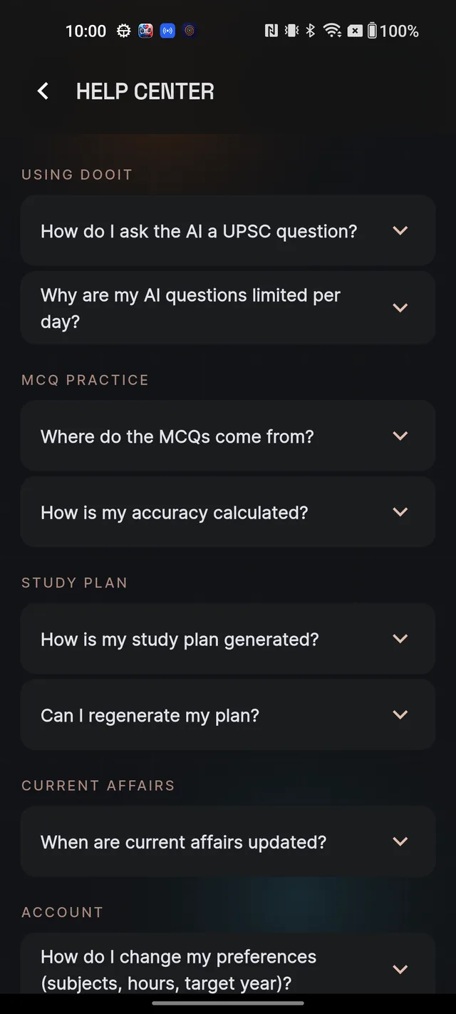 The in-app HELP CENTER screen with FAQ categories and the Still need help footer showing the support email
