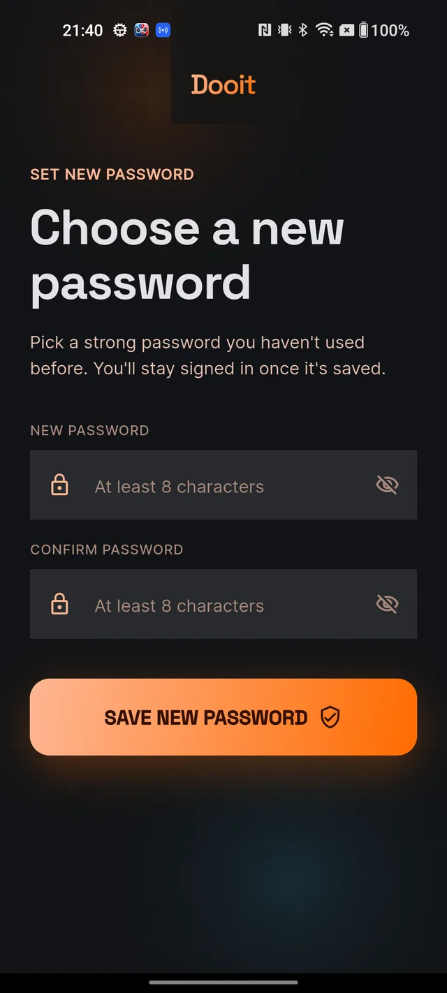 Set New Password screen with new password and confirm password fields and the SAVE NEW PASSWORD button