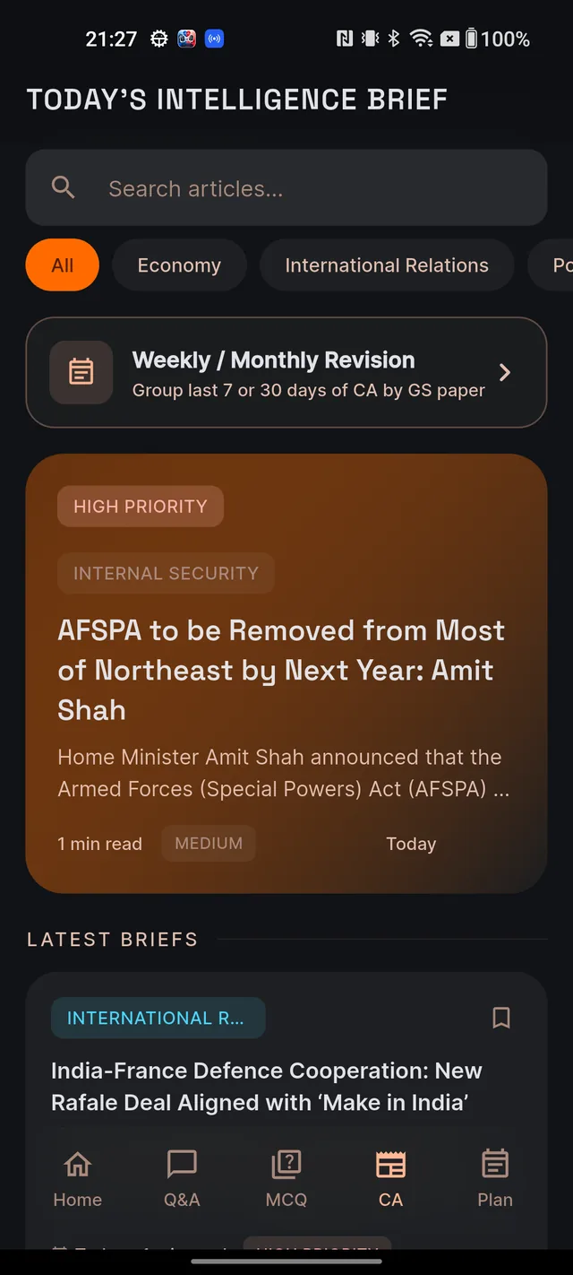 Top of the Current Affairs feed showing the TODAY'S INTELLIGENCE BRIEF header, search box, category pills and the featured card with a HIGH PRIORITY badge