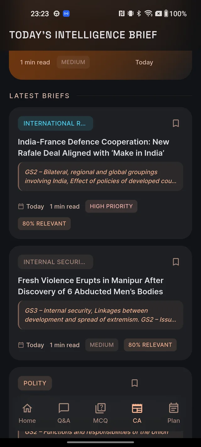 Current Affairs feed scrolled down to the LATEST BRIEFS section with article cards showing topic badges, bookmark icons and date chips