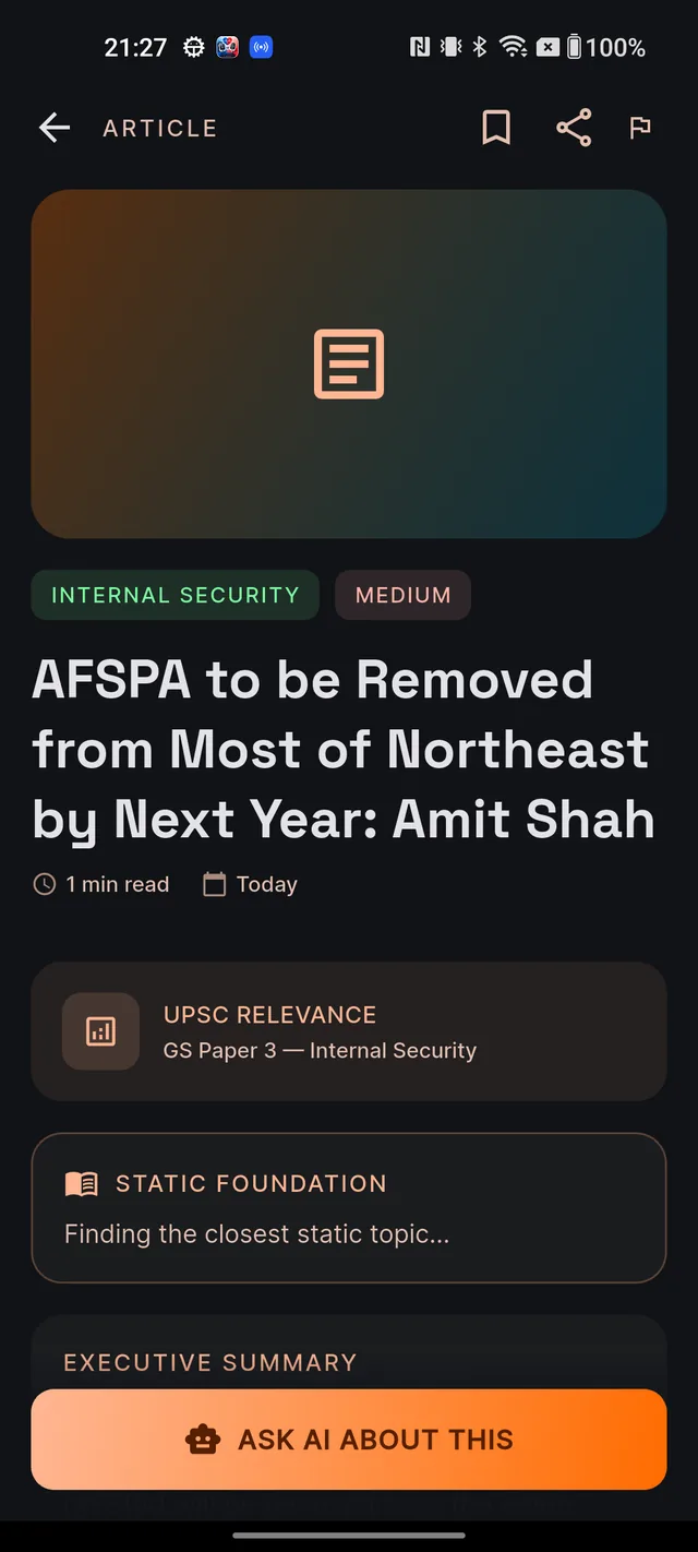 Top of an open article showing the ARTICLE header with bookmark, share and flag icons, the headline, and the UPSC RELEVANCE and STATIC FOUNDATION cards