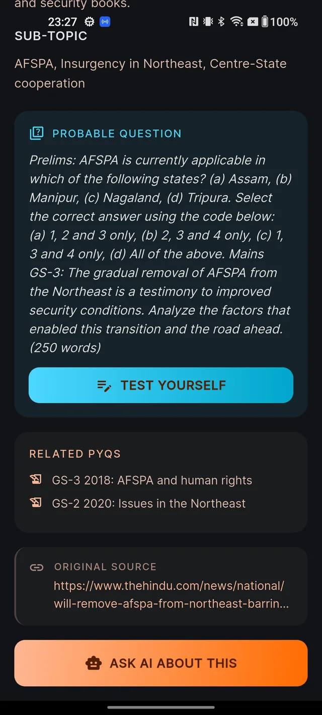 Lower half of an article showing the PROBABLE QUESTION card with TEST YOURSELF button, RELATED PYQS, ORIGINAL SOURCE and the floating ASK AI ABOUT THIS button