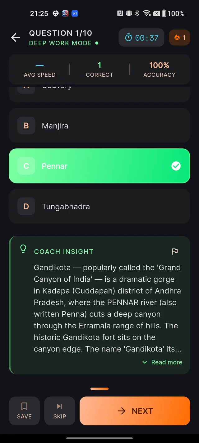 An answered question with the correct option highlighted green and the COACH INSIGHT explanation card open below
