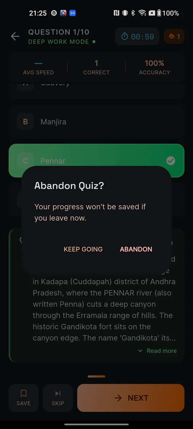 The Abandon Quiz dialog with KEEP GOING and ABANDON buttons over a quiz question