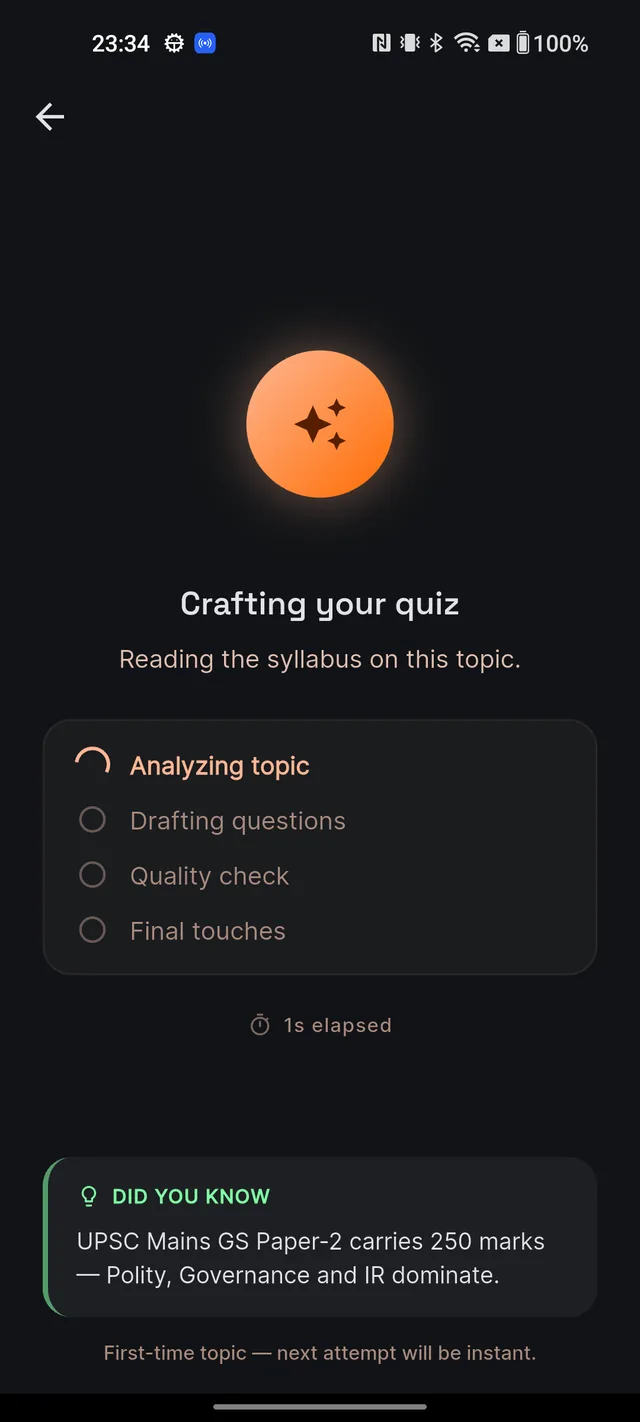 The Crafting your quiz loading screen with the four-step checklist and a DID YOU KNOW tip card