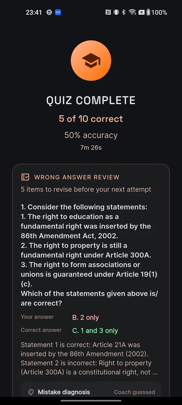 The QUIZ COMPLETE results screen showing the score, accuracy percentage and the wrong answer review section