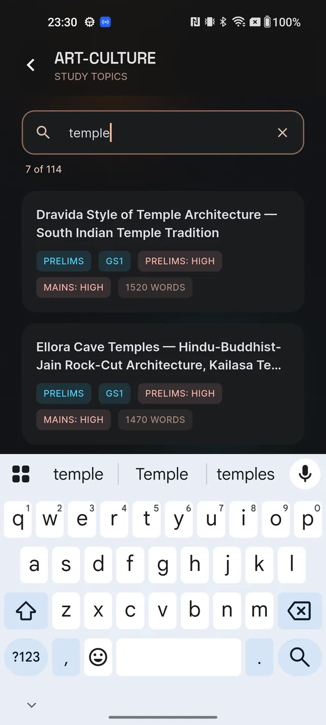 The topic list filtered by a search query, with the Search topics field, a result counter below it and only matching topic cards shown
