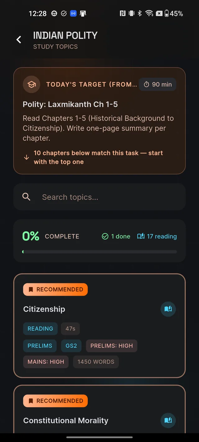 The TODAY'S TARGET (FROM YOUR PLAN) banner above the topic list, with matching topic cards carrying RECOMMENDED chips floated to the top