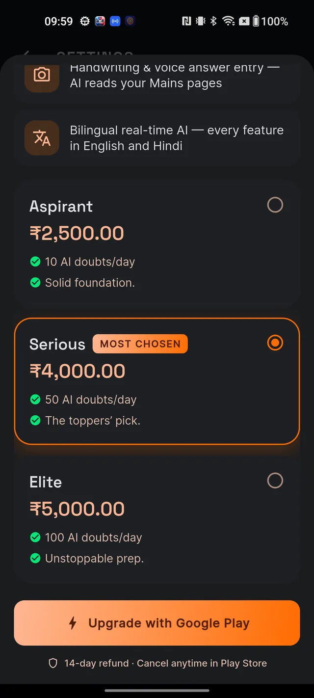 The plan sheet showing the Aspirant, Serious and Elite cards with yearly prices and two benefit lines each