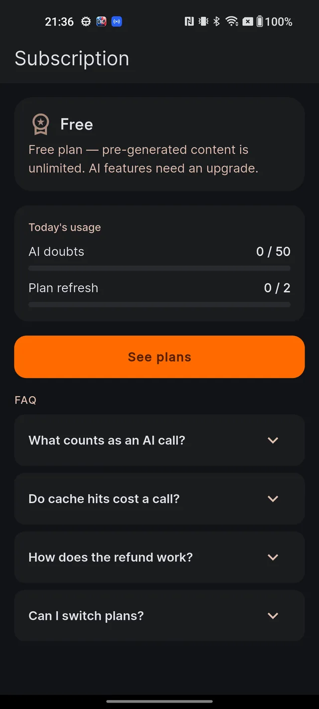 The Subscription screen with the Today's usage card showing AI doubts used out of the daily allowance