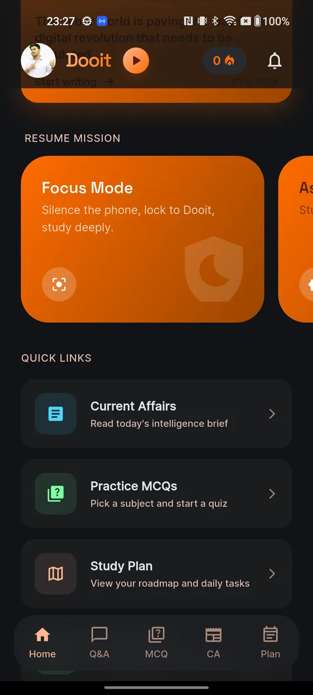 The RESUME MISSION row showing the Focus Mode card, with the QUICK LINKS list below