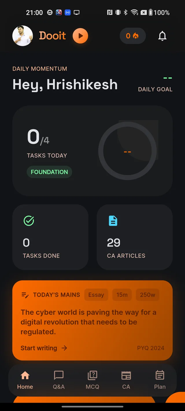 Home screen showing the orange TODAY'S MAINS card with paper, marks and word-limit pills and a Start writing link