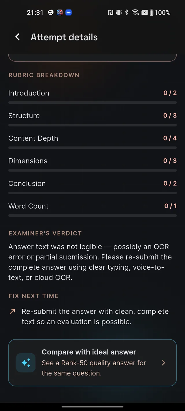 Bottom of an evaluation report showing the Compare with ideal answer card with the line See a Rank-50 quality answer for the same question