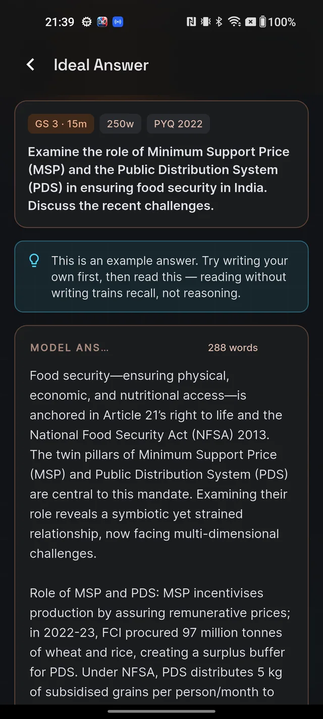 Ideal Answer screen with the example-answer disclaimer banner and the MODEL ANSWER card showing the word count and the answer text
