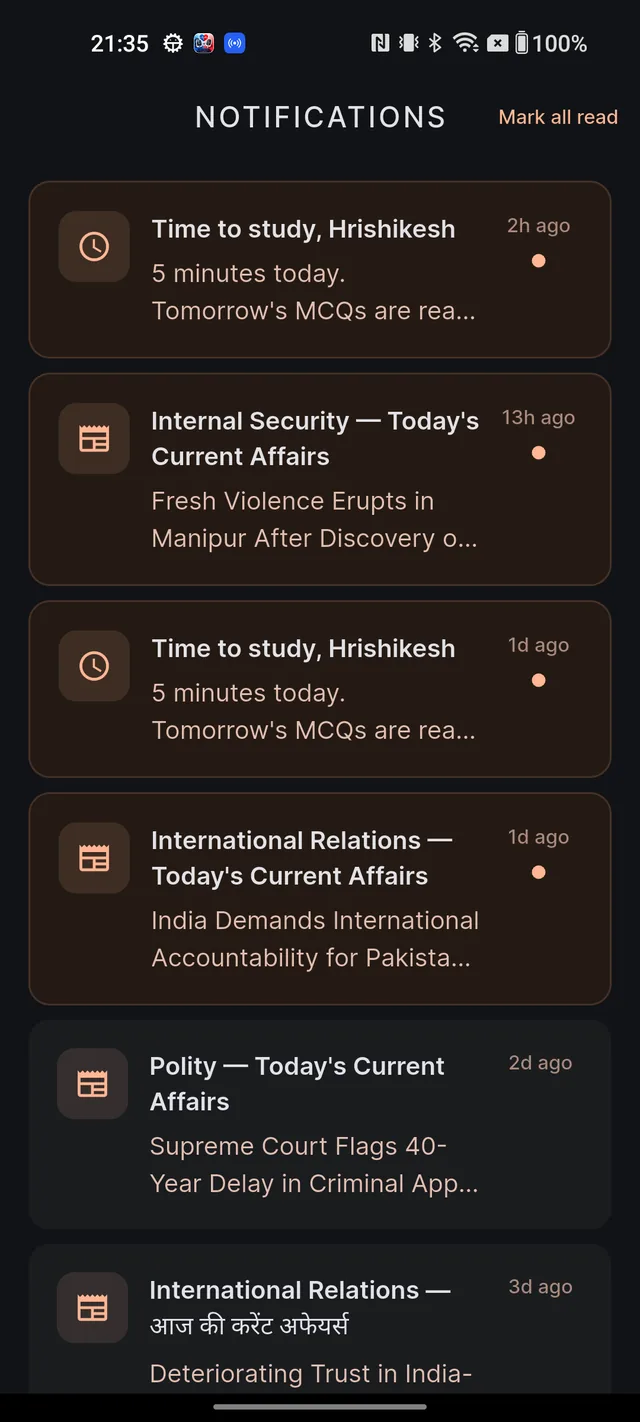 The notifications inbox listing study reminders and current affairs notifications, with Mark all read in the top-right