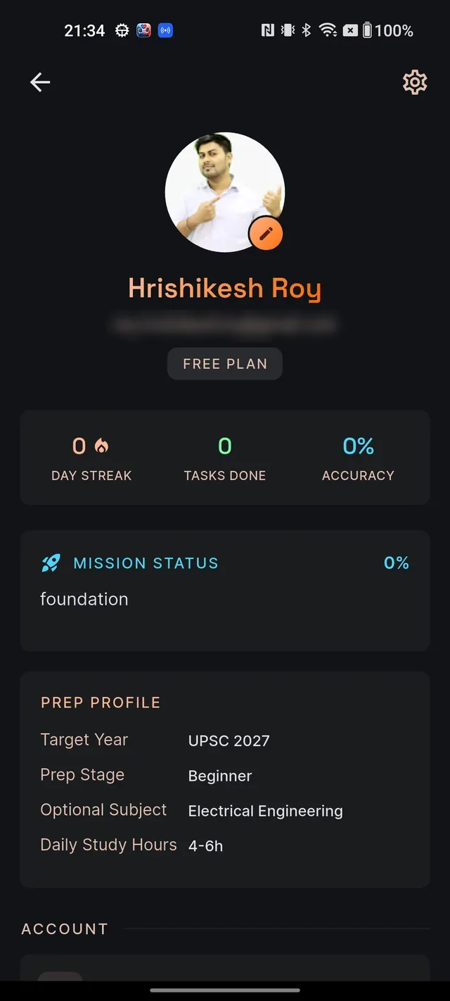 The top of the Profile screen with avatar, name, FREE PLAN badge and the DAY STREAK, TASKS DONE and ACCURACY stats