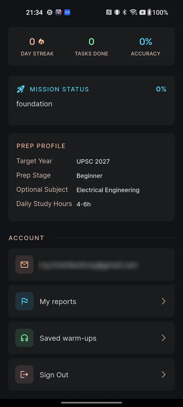 The ACCOUNT section of the Profile screen with the email tile, My reports, Saved warm-ups and Sign Out