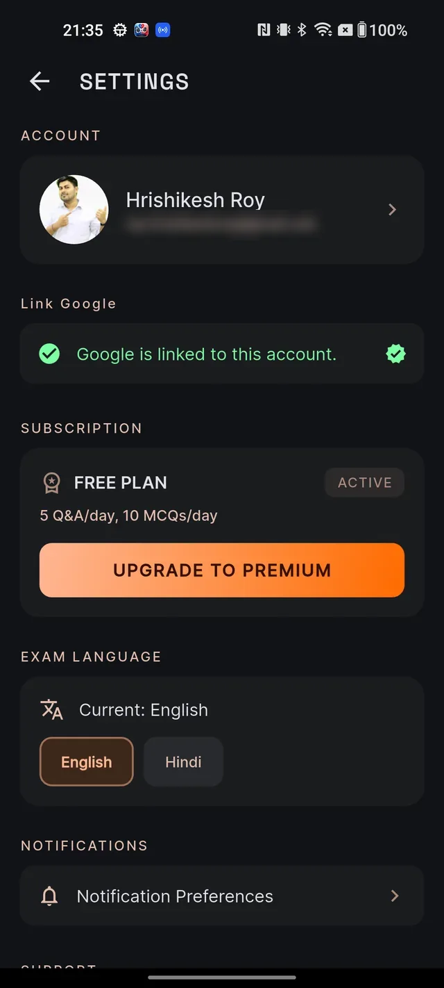 The top half of Settings with the account card, Link Google, the SUBSCRIPTION card and the EXAM LANGUAGE chips
