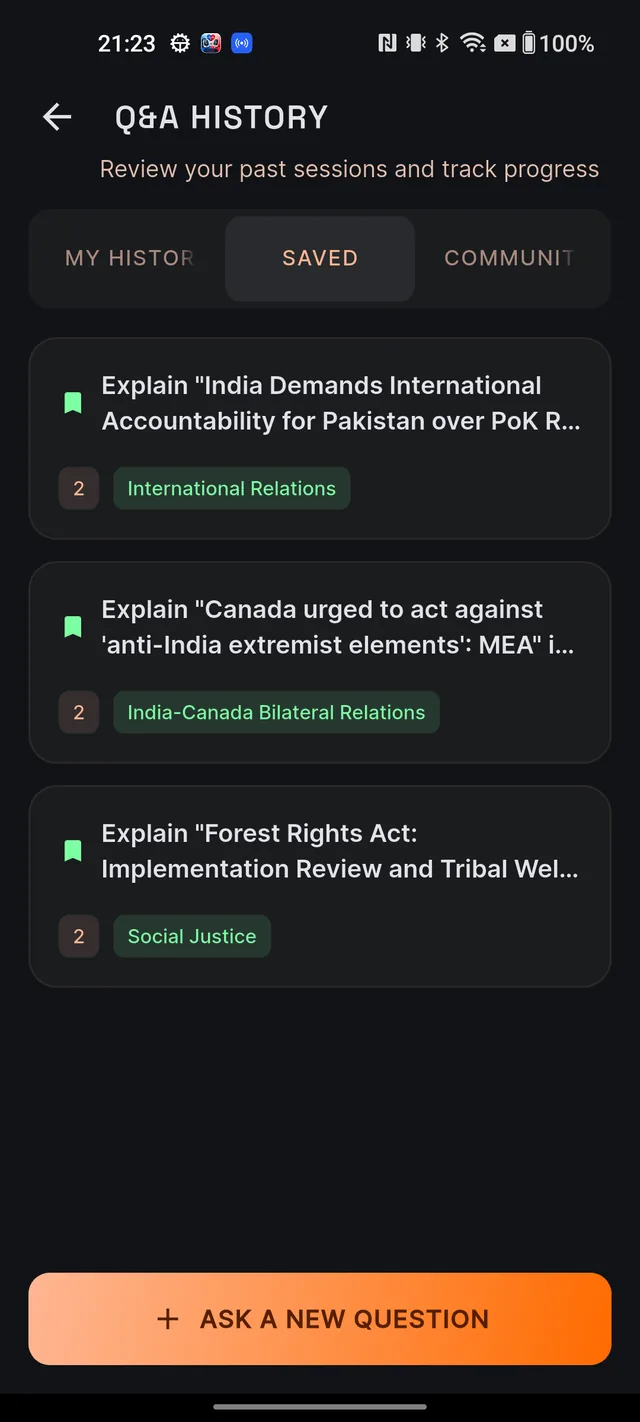 Saved tab showing saved questions as cards with their topic tags