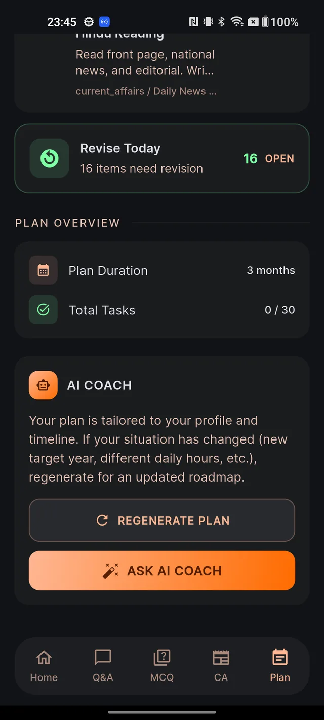 AI Coach card on the Plan tab with the REGENERATE PLAN and ASK AI COACH buttons