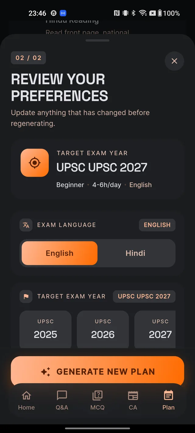 Review Your Preferences sheet showing exam language, target year, stage, daily hours and optional subject blocks with the Generate New Plan button