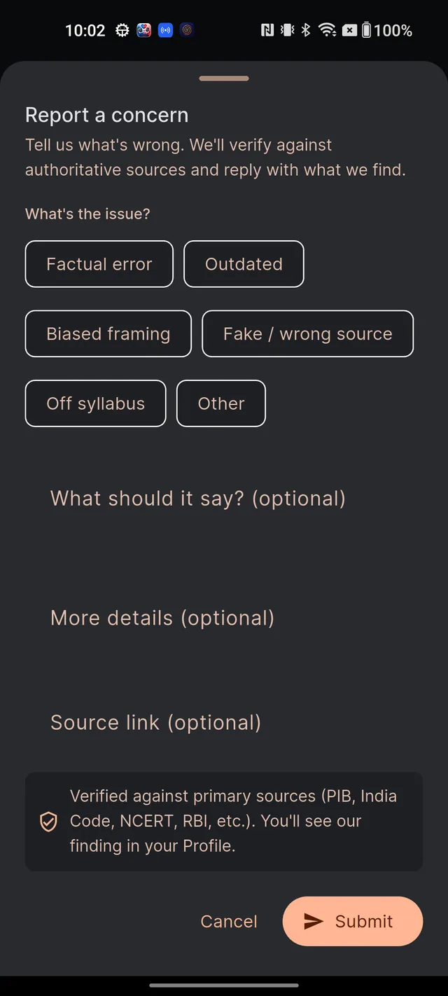 The Report a concern sheet with category chips, the optional correction and details fields and the Submit button