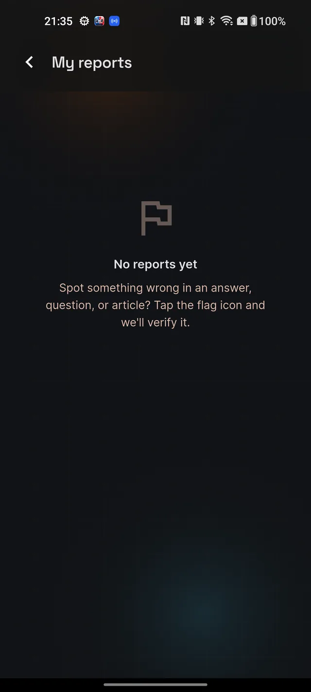 The My reports screen in its empty state with the message No reports yet and a hint to tap the flag icon