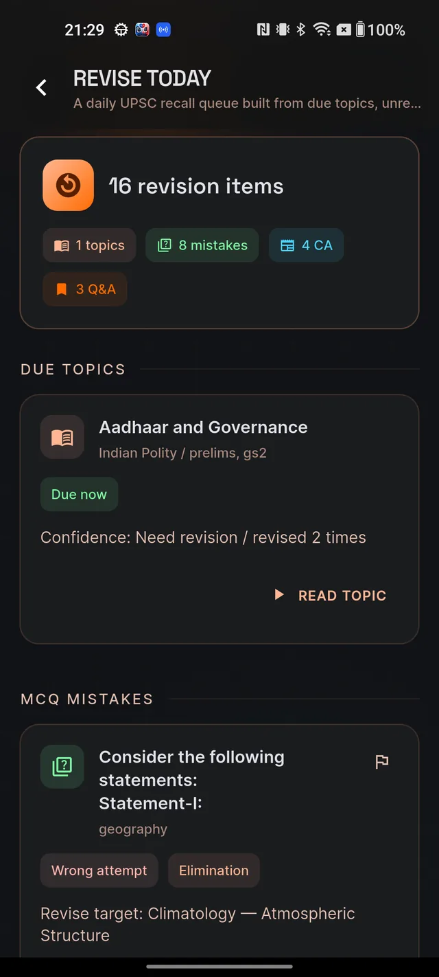 The REVISE TODAY screen showing the summary card with counters and the DUE TOPICS section