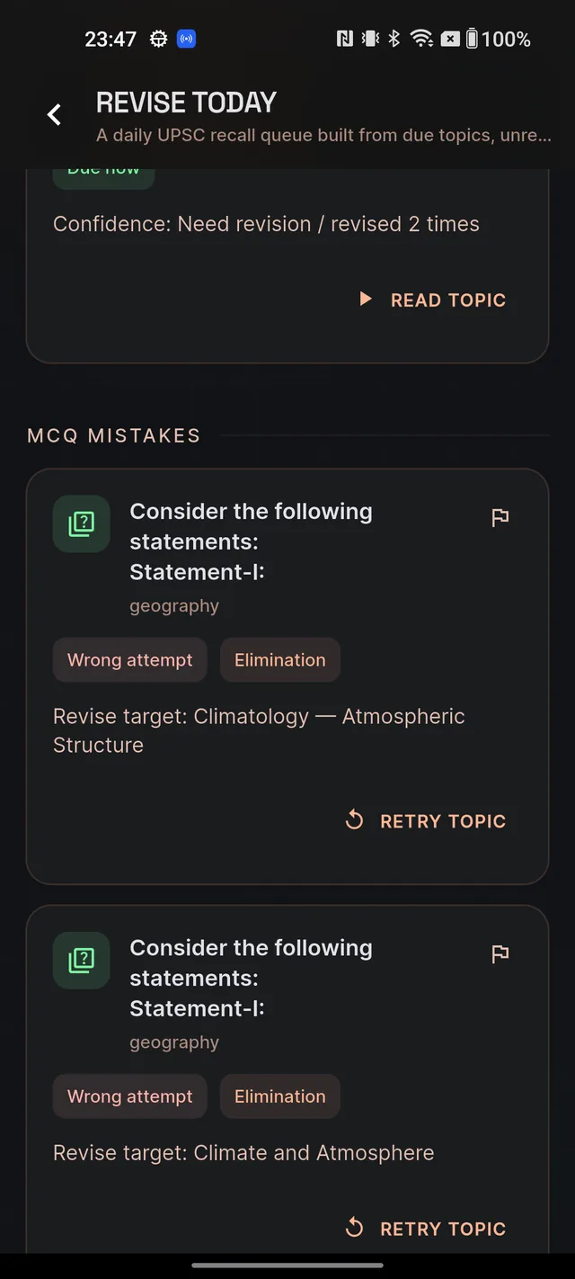 An MCQ MISTAKES card with a Wrong attempt chip, the mistake type, and the RETRY TOPIC button