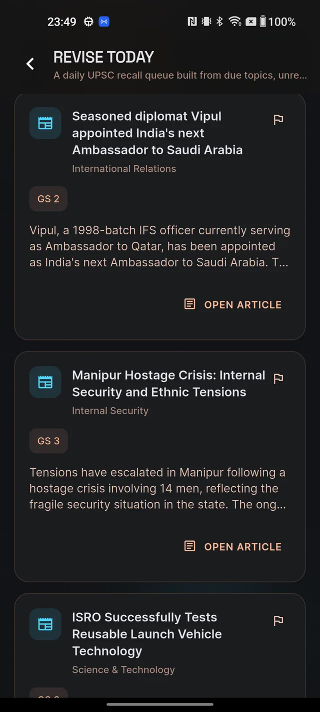 Revise Today screen scrolled to the SAVED CURRENT AFFAIRS section, showing recent saved article cards with OPEN ARTICLE buttons