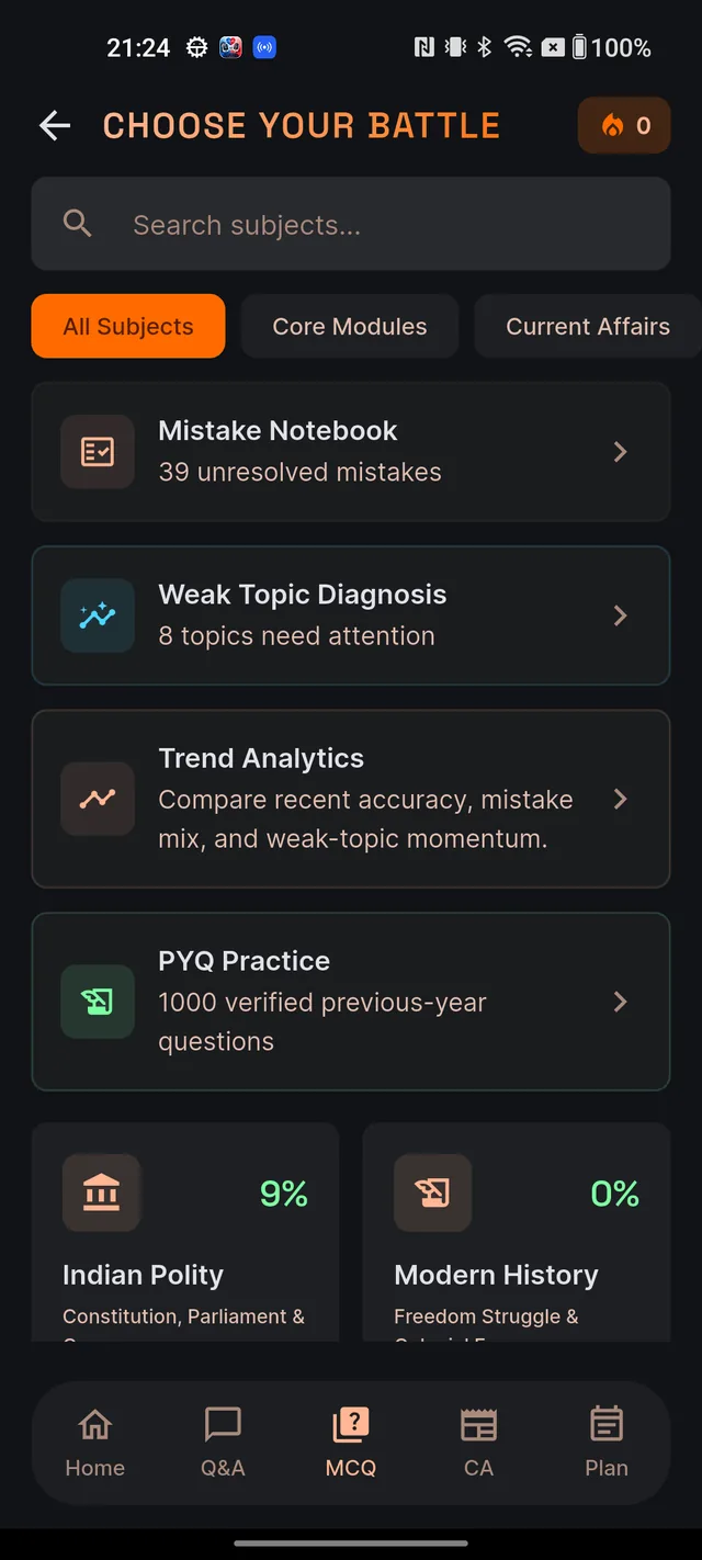 MCQ subject list with the CHOOSE YOUR BATTLE header, search bar, filter tabs and feature cards