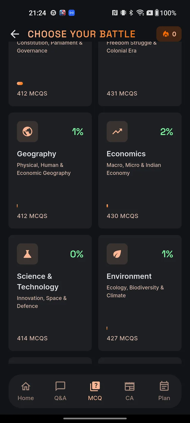 Two-column subject grid showing completion percentages, progress bars and MCQ counts per subject