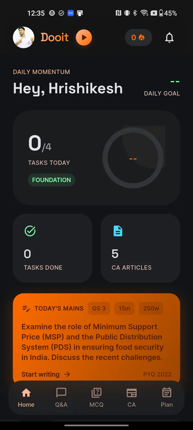 Home screen header with the streak number and the Tasks Today progress card
