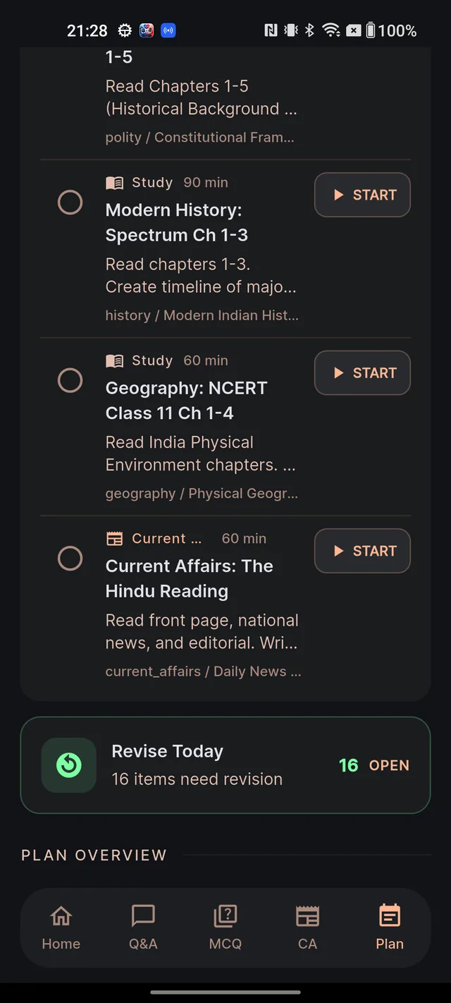 Today's tasks list on the Plan tab showing Study and Current Affairs tasks, each with a START button