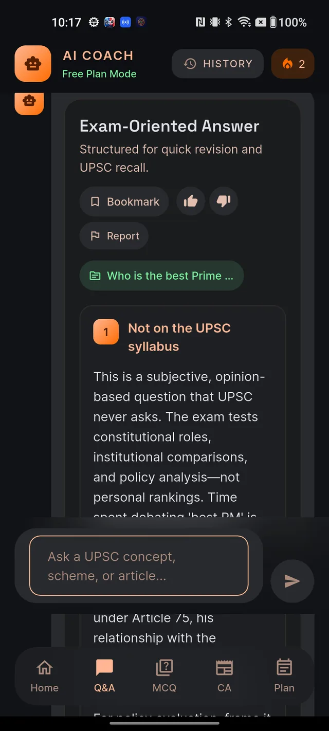 A neutral reply whose sections are titled Why this answer was held back, What to do for UPSC, and Reframe for a useful answer