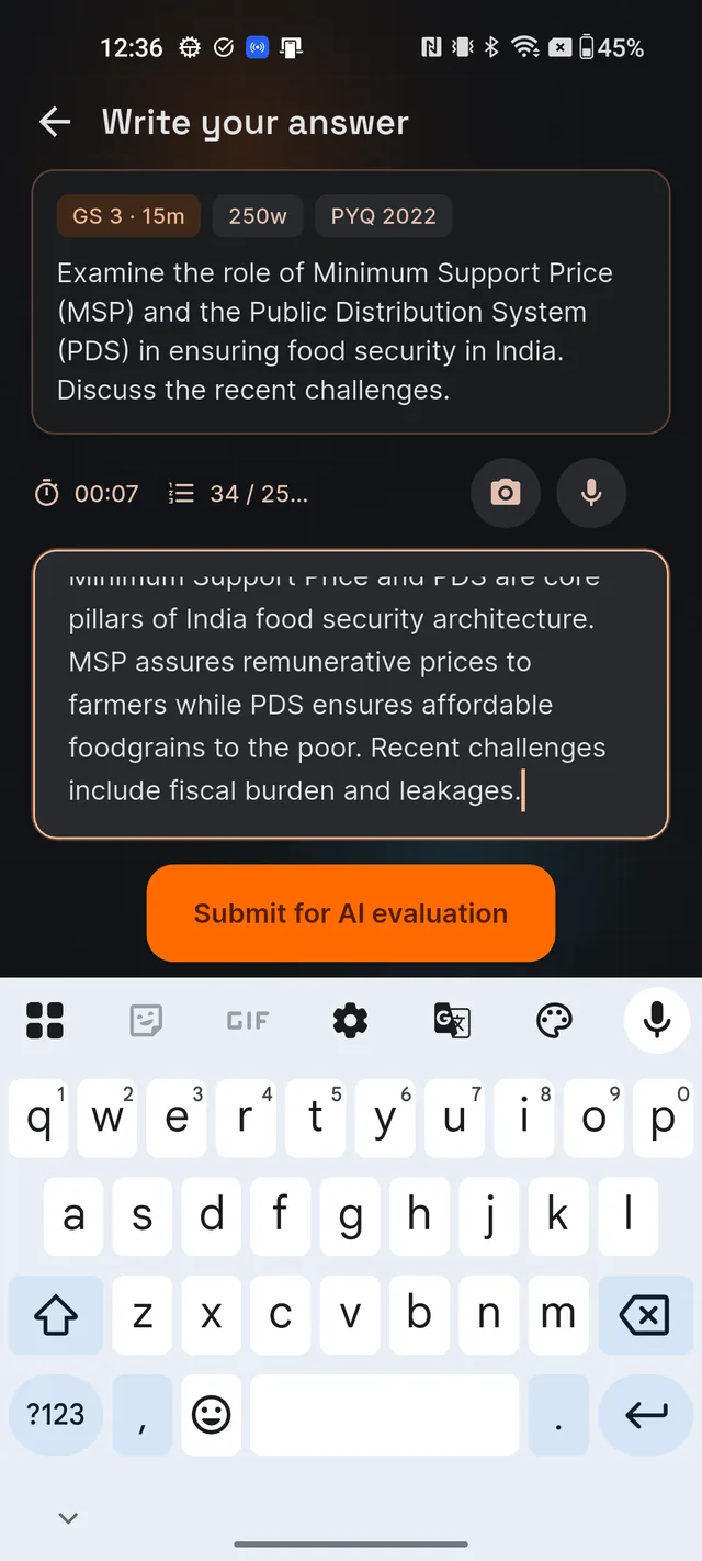 Write your answer screen with the question card, timer, word counter, typed answer text and the enabled Submit for AI evaluation button