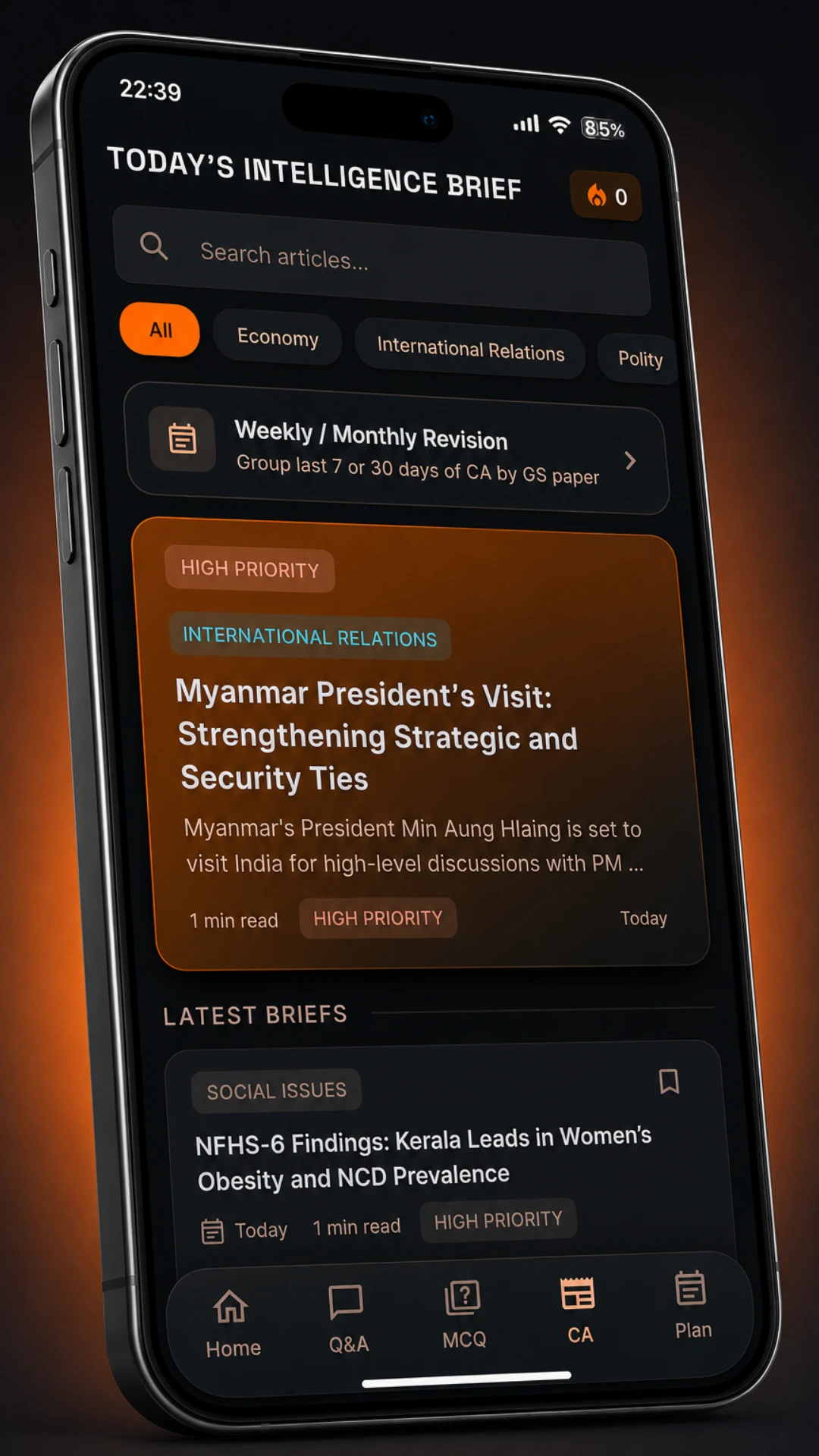 Dooit current affairs feed showing today's intelligence brief