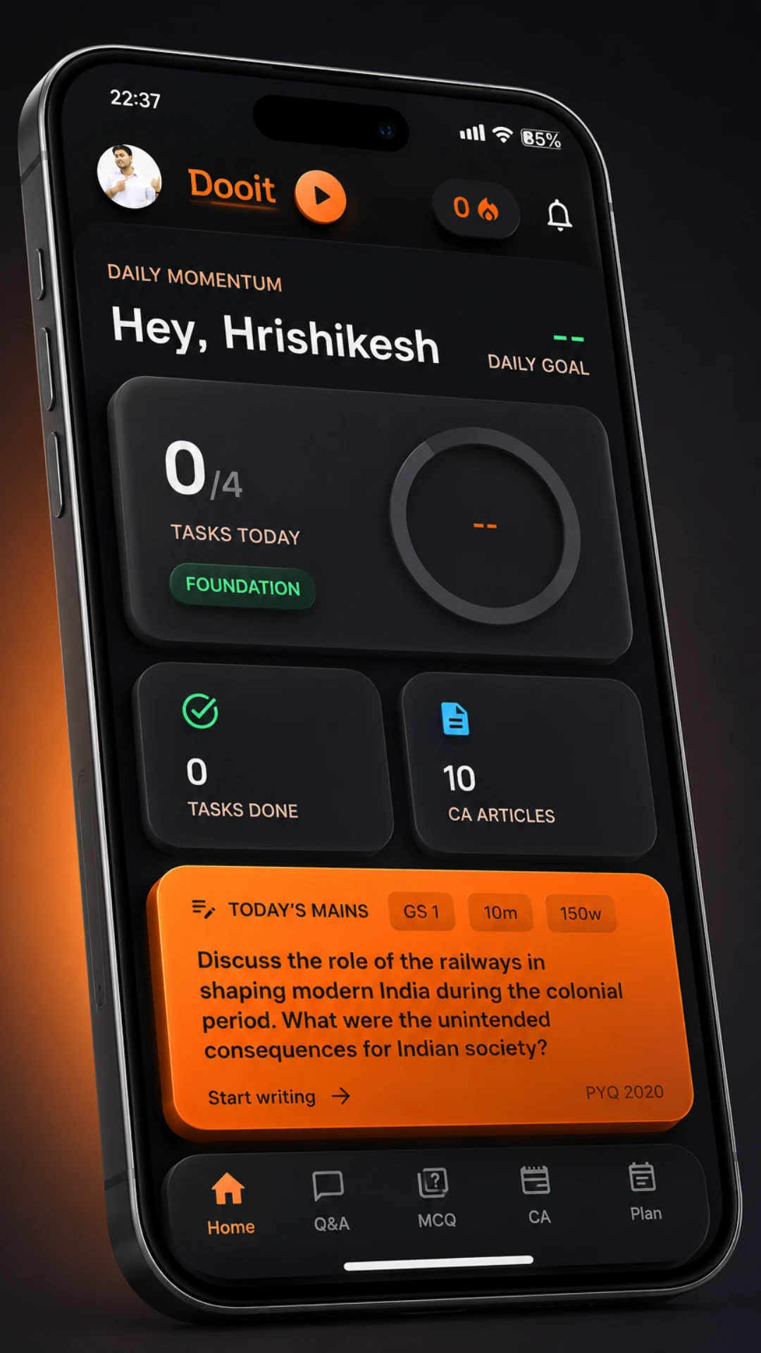 Dooit home dashboard showing daily momentum, today's tasks and today's Mains question