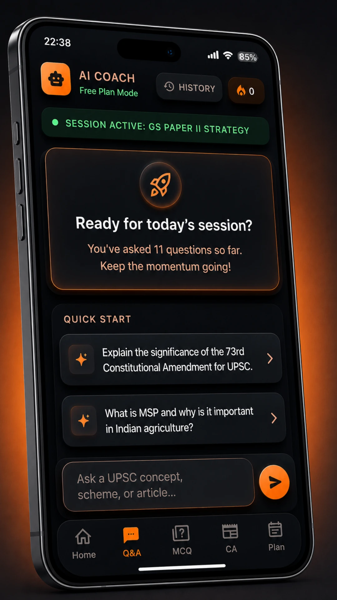Dooit AI Coach chat screen with quick-start questions