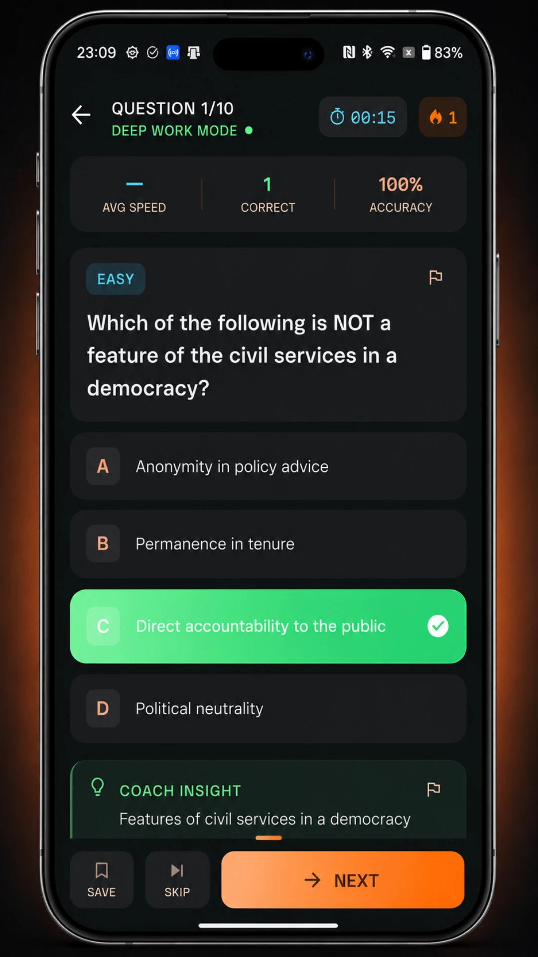 Dooit quiz screen with a multiple choice question and the correct answer highlighted